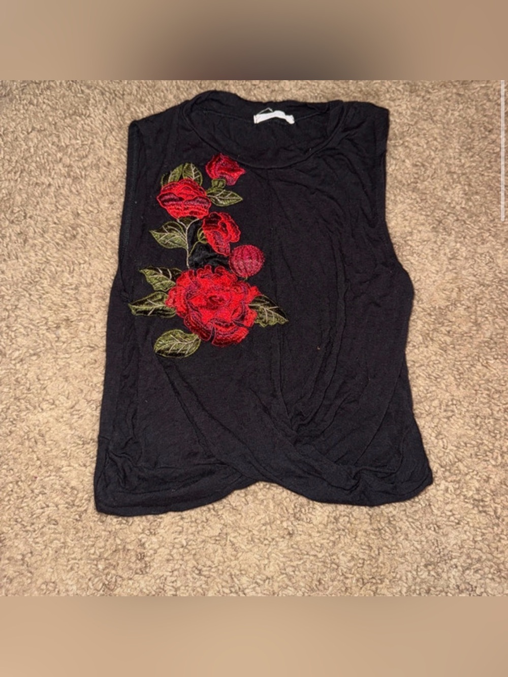 Black Sleeveless Tank with Red Rose Embroidery